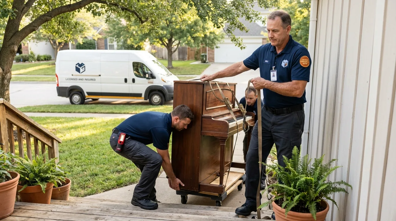 Licensed piano movers securing grand piano in Hogansville, GA